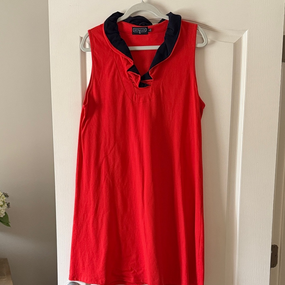 Duffield Lane Red Sleeveless Midi Dress with Navy Ruffle Collar
